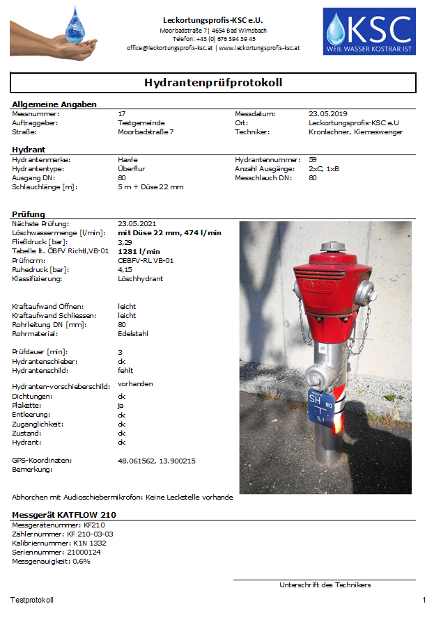 Hydrantenpr&uuml;fprotokoll - Angaben zum Hydrant und der &Uuml;berpr&uuml;fung